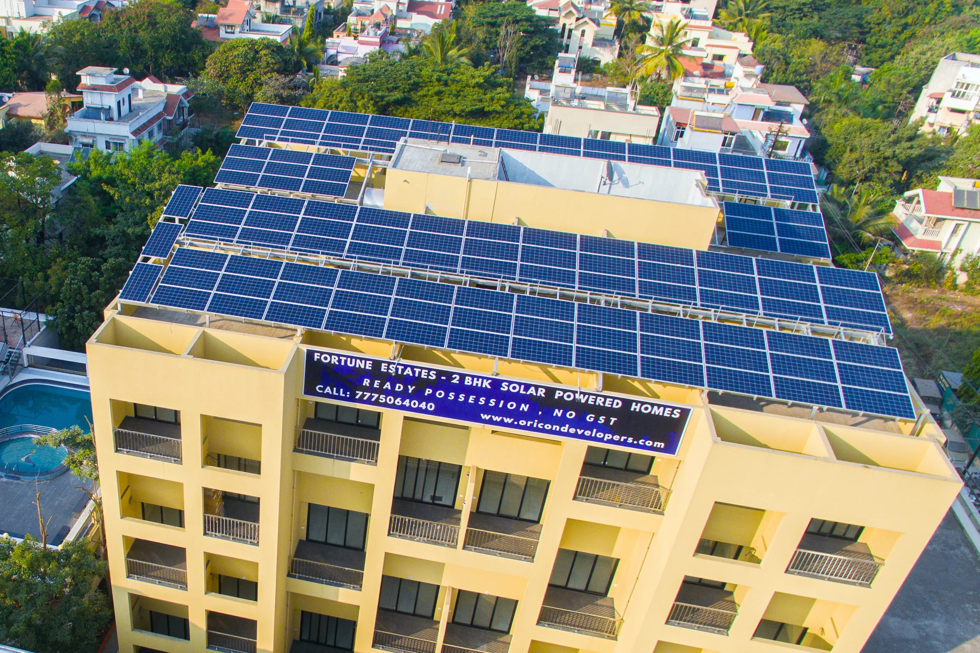Aerial view of Scorpio – Fortune Estates with its full rooftop solar array